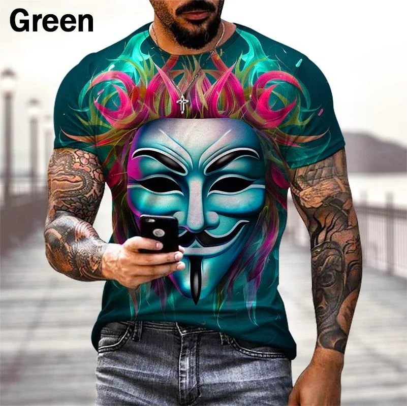 Men's hip hop funny personality casual funny mask pattern T-shirt, comfortable quick dry round neck short sleeve print 3DT shirt