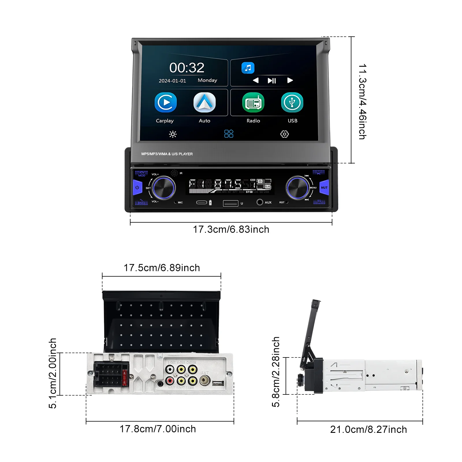 Hikity 7 بوصة One DIN سيارة الوسائط المتعددة MP5 راديو تلقائي يدعم CarPlay، Andriod مشغل صوت تلقائي شاشة لمس قابلة للسحب BT، FM