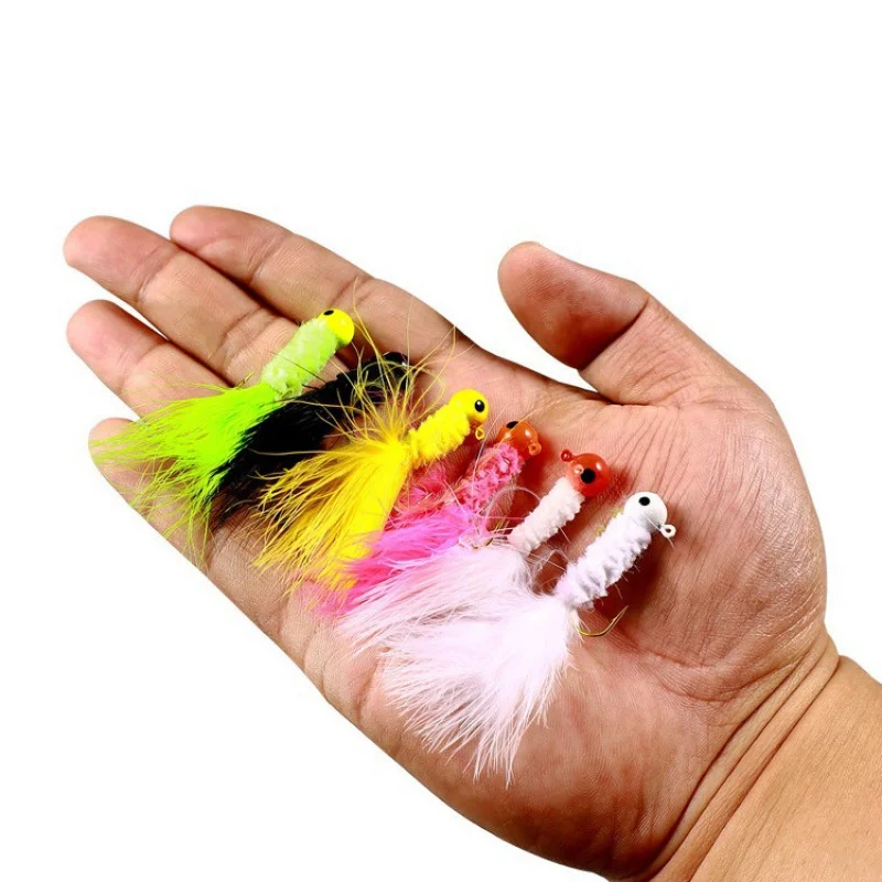 اليدوية الدجاج ريشة هوك مايكرو يطير هوك 0.9g1.7g3.5g الملونة ريشة تهزهز رئيس إغراء باس الطعم وهمية