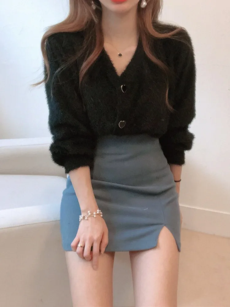 Chic Autumnal Soft Purple V-Ne Ele Heart Button Mink Knitted Open Cardigan Sweater Outerwear Faionable Commute