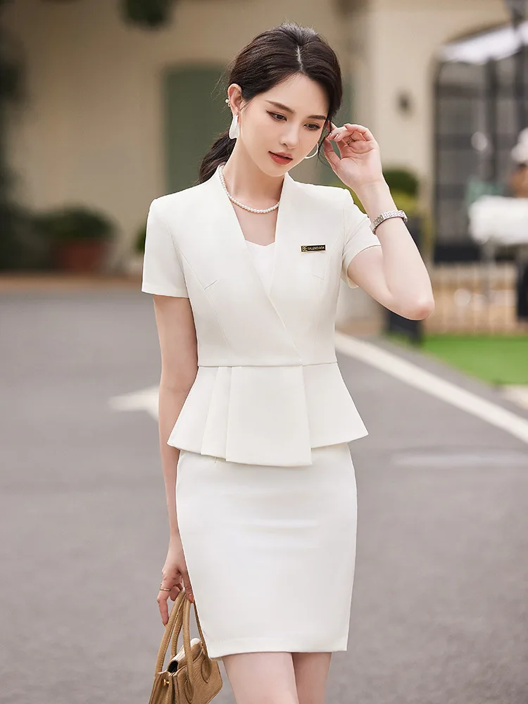 Summer Short Sleeve Women Business Suits OL Styles Office Ladies Formal Professional Work Wear with Skirt and Tops Career Set