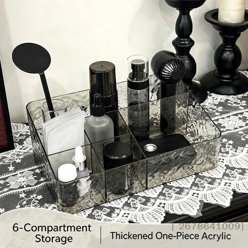 〔L〕1Pcs 6 Grids Cosmetic Storage Box Senior Sense Of Light Luxury Desktop Makeup Box Transparent Visible Moisture Proof Shelf