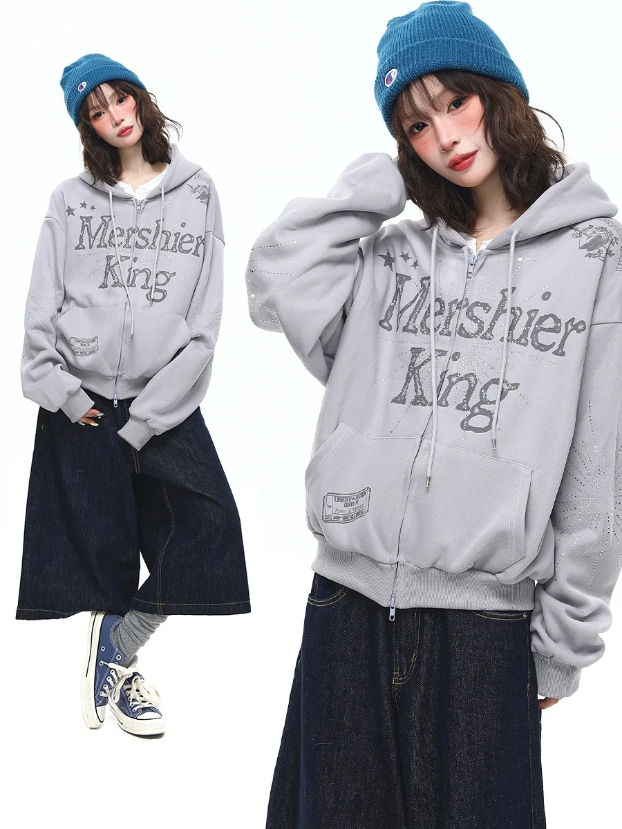 

Женская толстовка-кардиган Sanowers в американском ретро-стиле с буквенным принтом и стразами, на молнии, свободного кроя, новинка весны, модная