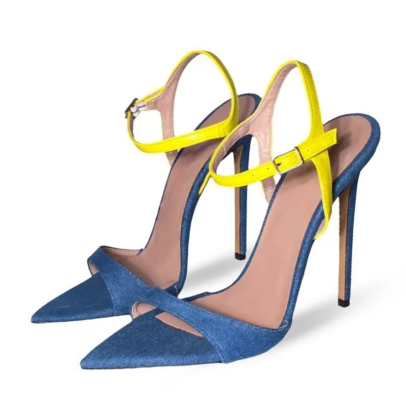 

Liyke Big Size 44 45 46 Yellow Ankle Buckle Strap Denim Sandals For Woman Fashion Pointed Toe Gladiator Heels Party Dress Shoes
