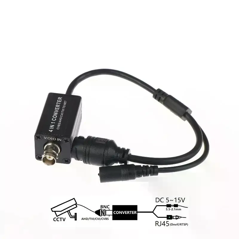 

AHD/TVI/CVI/CVBS 4-in-1 Signal Converter RJ45 Output BNC Input DC 5-15 V H.265 RTSP Adapter For Security Camera System