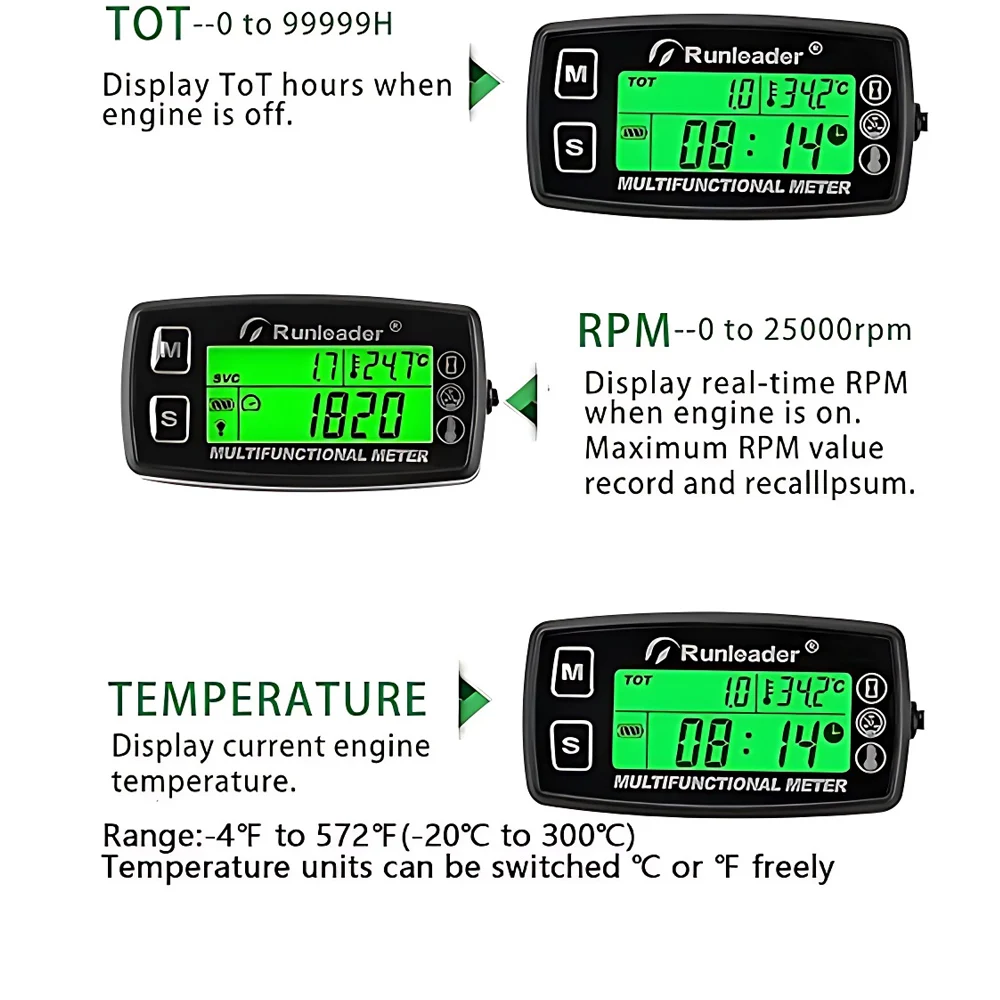 Tach/Hour Digital Meter Engine Temperature Gauge Alert RPM &Temp Backlights Display for Lawn Tractor Compressor Generator Snowm