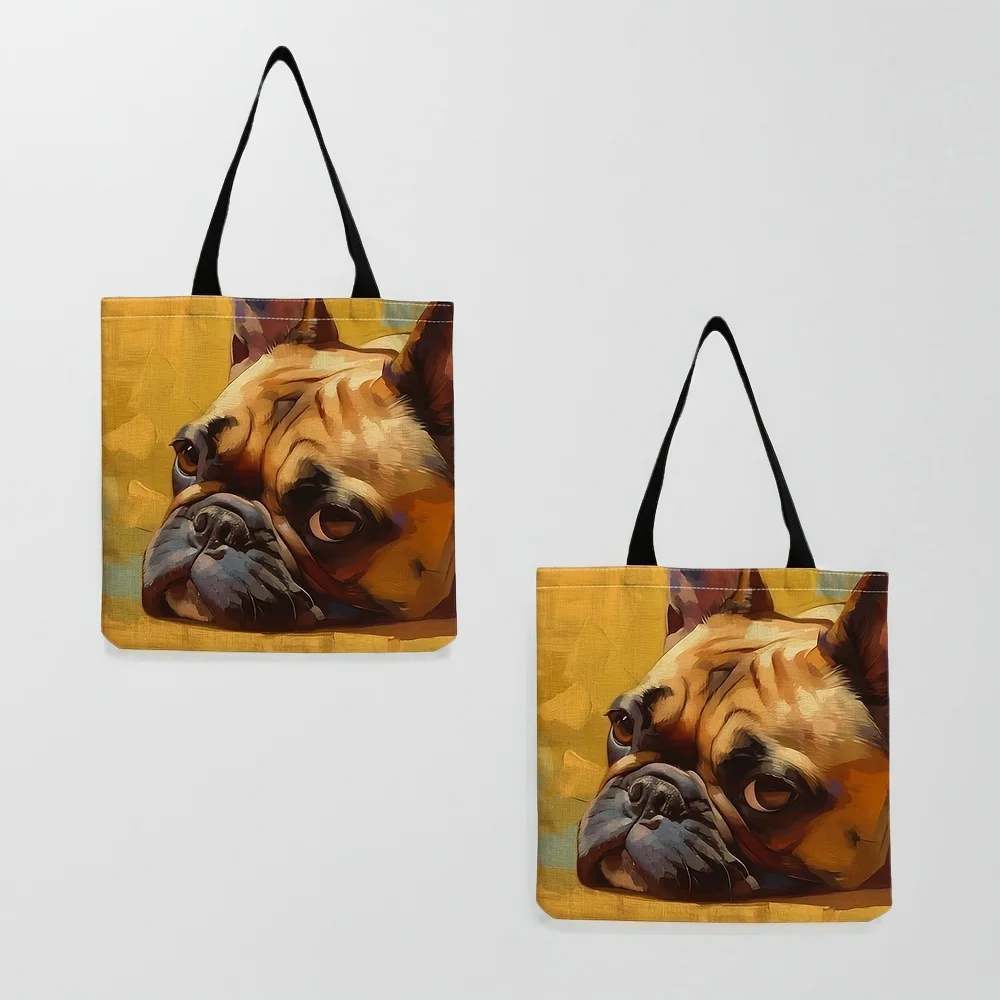 

Женская сумка-тоут с принтом французского бульдога, выполненная методом масляной живописи — яркий художественный дизайн, прочный полиэстер, вместительная многоразовая сумка для покупок