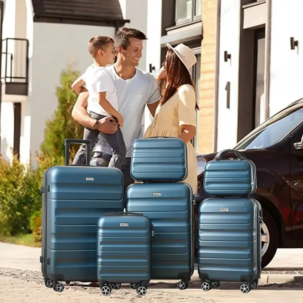 6-Piece Hardshell ABS Luggage Set with 8 Silent Spinners for Durable, Lightweight Travel and Family Trips in Ink Blue
