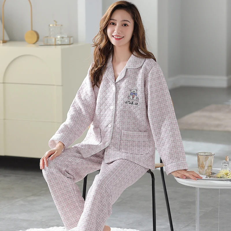 

Autumn Winter New Ladies Pajamas Set Pliad Printed Cotton Mezzanine Turn-down Collar Long-sleeve Trousers 3Layers Household Wear