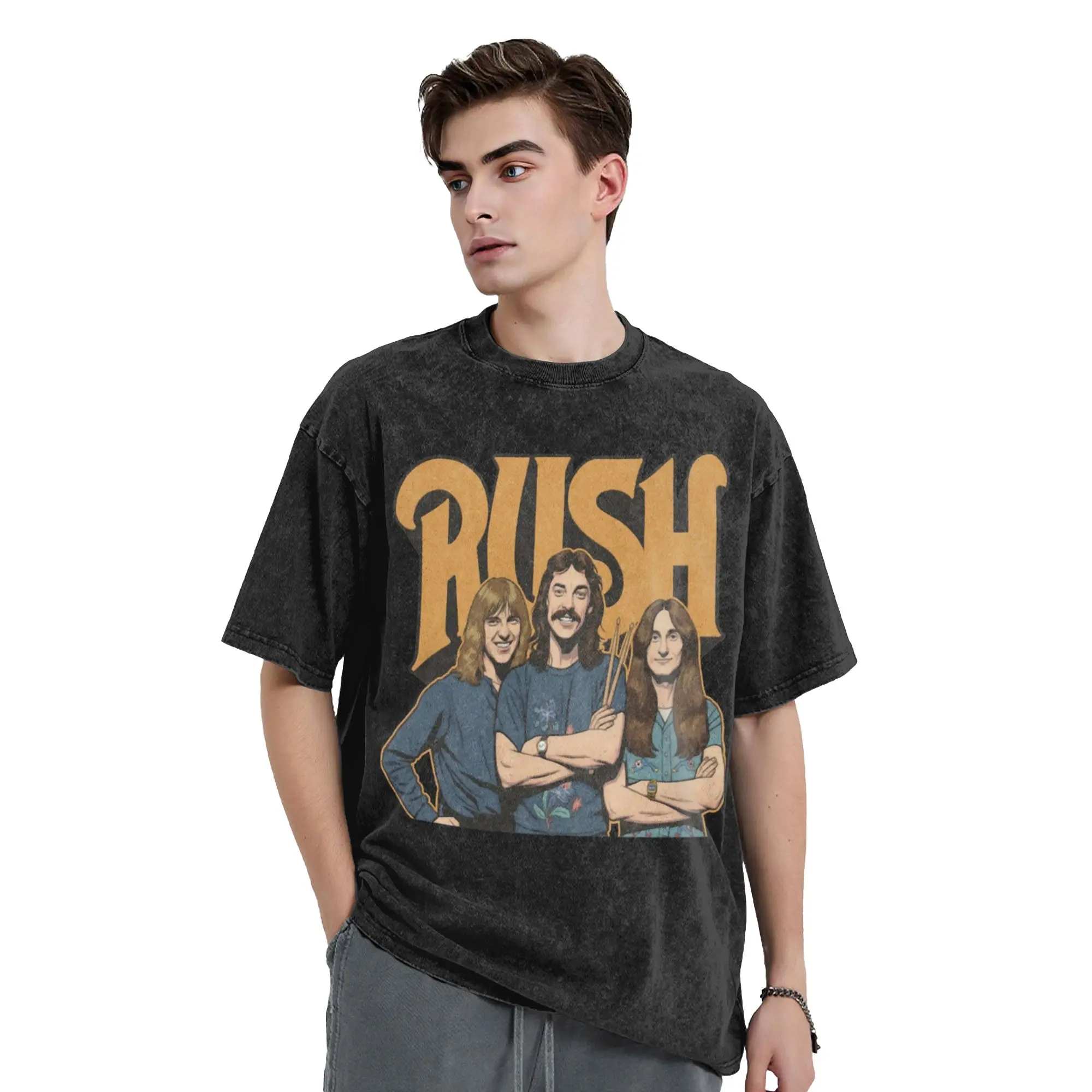 Rush Band T Shirts Hip Hop Washed Short Sleeve High Street T-Shirts  Vintage Men Women Tops Streetwear Printed Tee Shirt