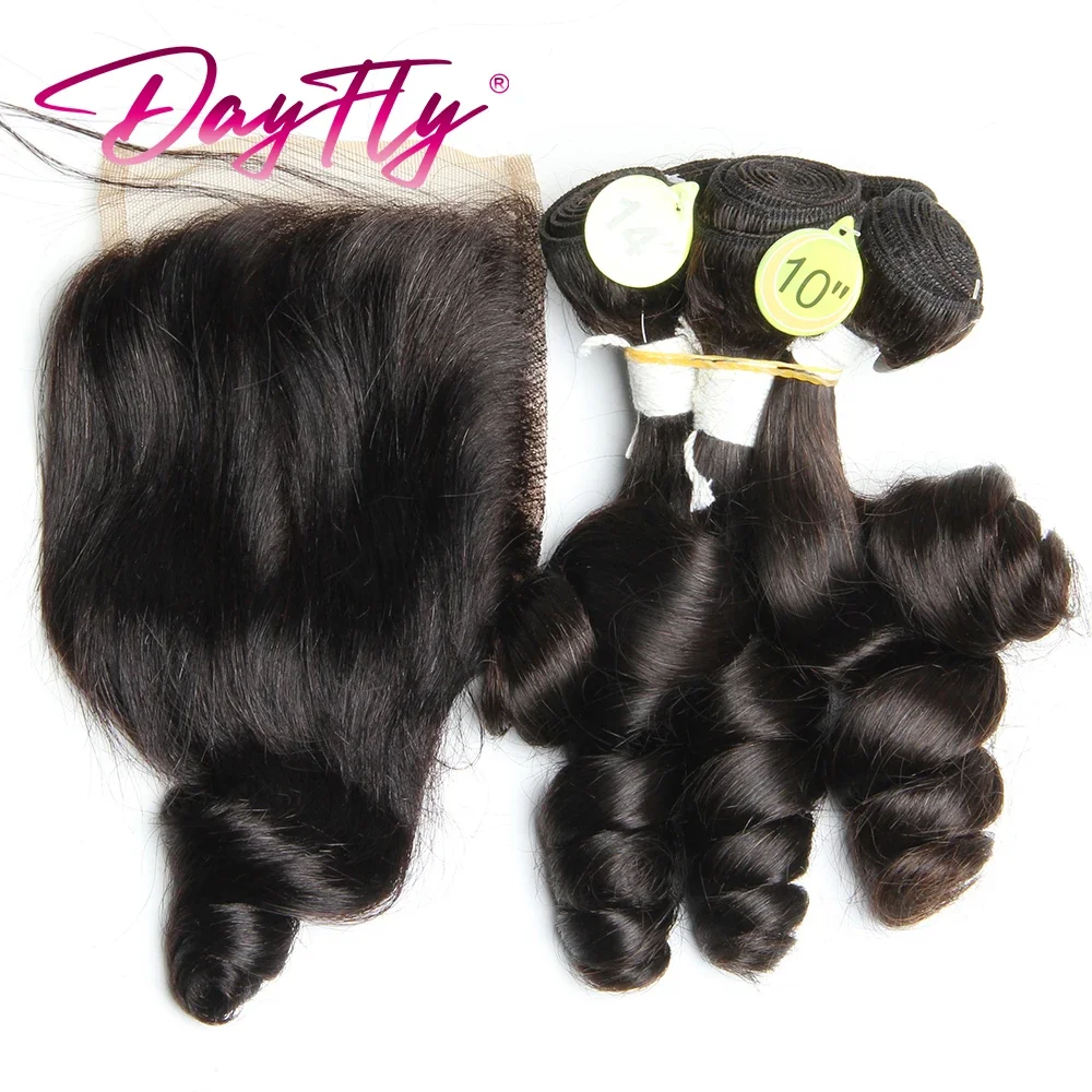 Loose Wave Bundles with Closure 4x4 Brazilian Human Hair Weave 5Pcs Bouncy Curly Bundles with Closure HD Transparant 5+1/lot