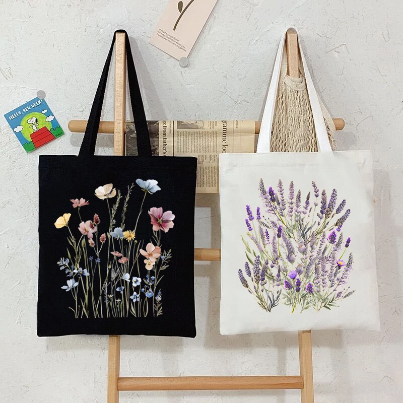 

Boho Lavender Print Canvas Tote Bag Women's Aesthetics Wildflowers Beach Shoulder Bag Student Casual Travel Floral Trend Handbag