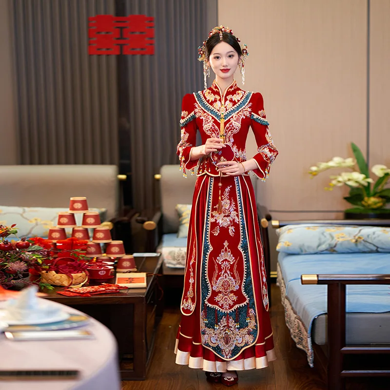 

2024, новая бархатная одежда Xiuhe, свадебное китайское платье и высококачественный тост