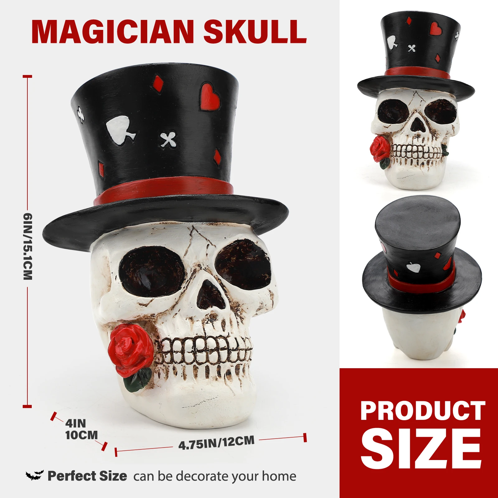 Poker Suit Top Hat Magician Skull Figurine Vintage Gothic Resin Bedroom Shelf Table Decor Unique Mystic Atmosphere Housewarming Desktop Ornament Gift