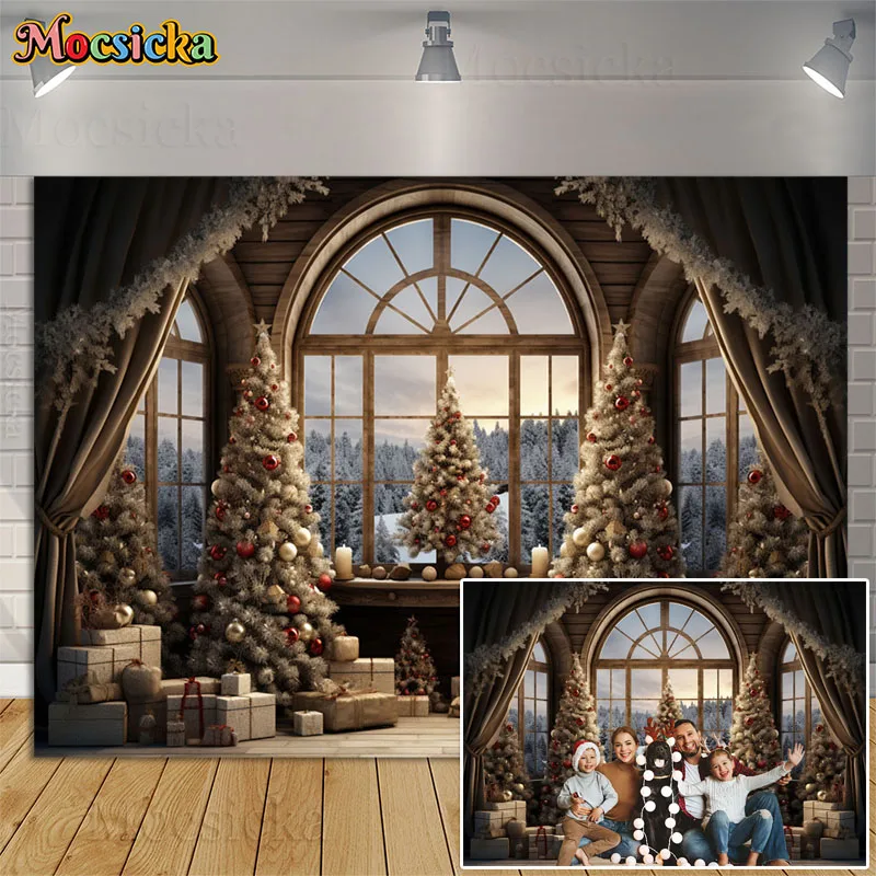 

Photography Backdrop Christmas Tree Window Family Portrait Photocall Xmas Winter Forest Gift Background Photo Studio Decor Props