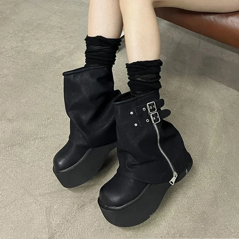 Platform Women Mid Calf Chelsea Boots High Heels Designer Shoes New Fashion Luxury Gladiator Femme Motorcycle Boots