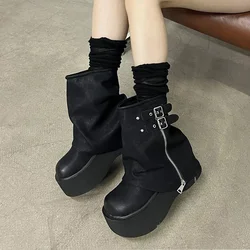 Platforma damska do połowy łydki Chelsea Boots wysokie obcasy designerskie buty zimowe 2024 nowych moda luksusowe Gladiator Femme buty motocyklowe