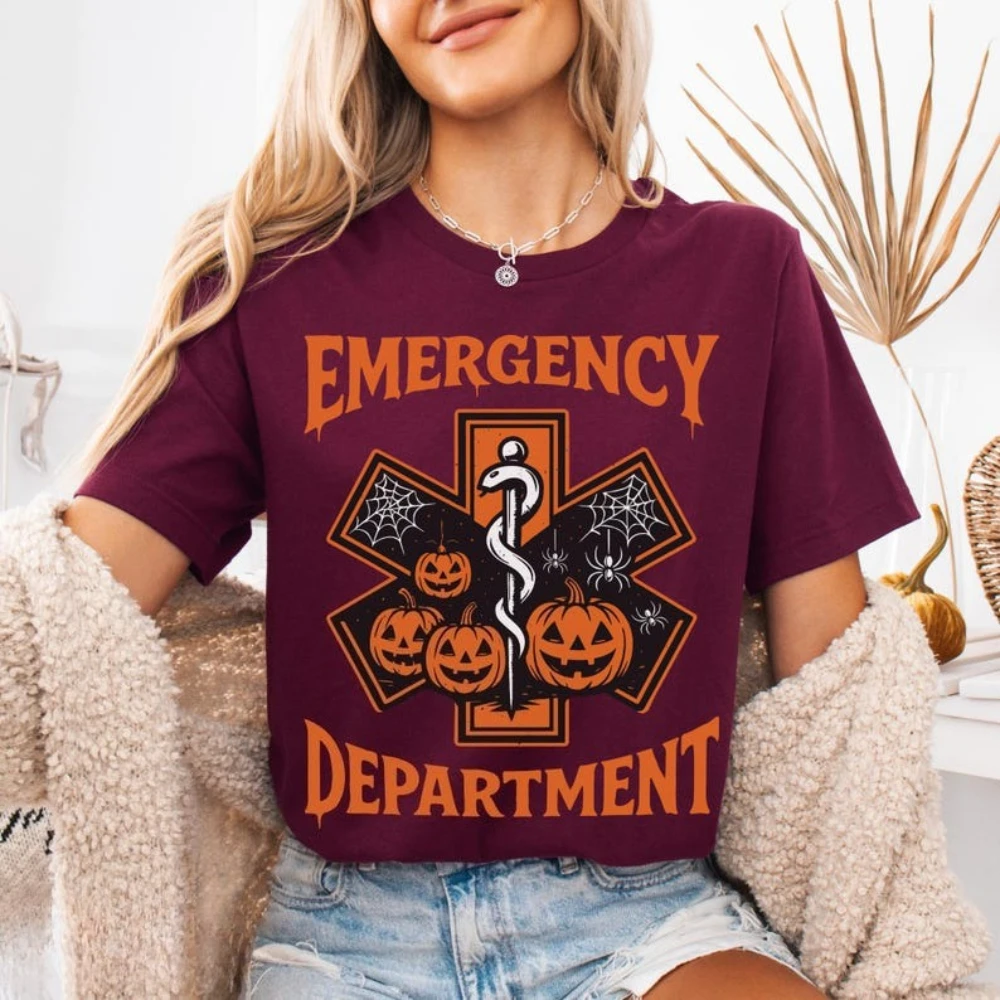 Halloween Emergency Department Graphic T Shirts  Nurse Spooky Pumpkin Spider Web Printed Tops  Woman Man Cotton Streetwear Tee