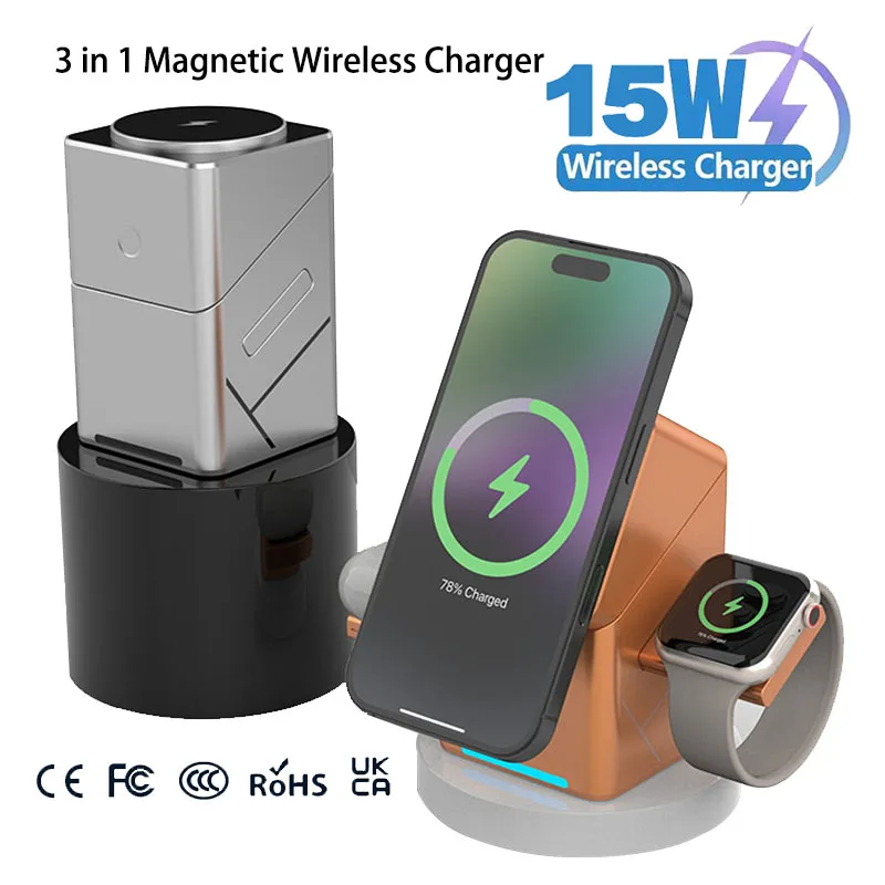 

2025 Magnetic Fast Wireless Charging Station 3 in 1 Qi2 30W Charger Stand for iPhone Samsung Xiaomi for Apple Devices