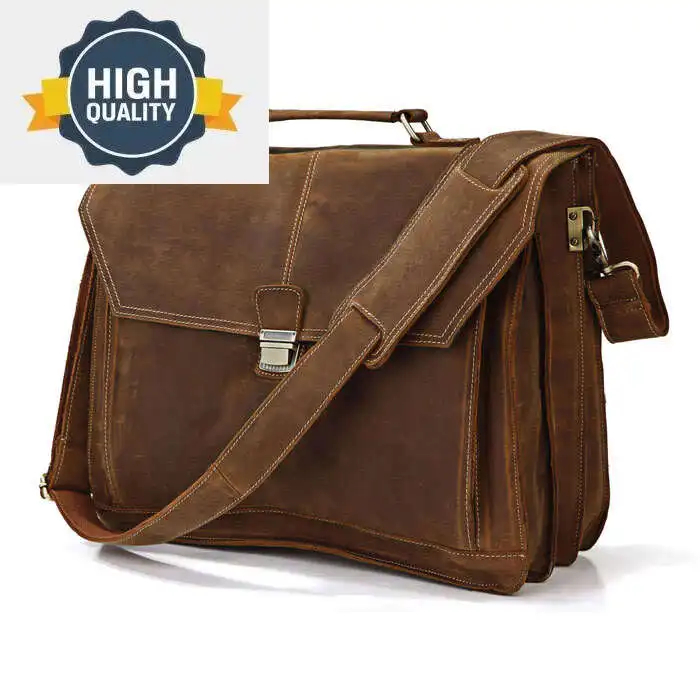 Verrücktes Pferd Vintage Leder Männer Aktentasche große Business-Tasche 15 "Laptop-Tasche Tasche echte Schulter Portfolio braun