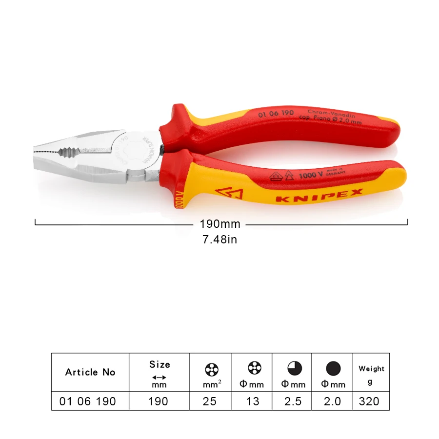 KNIPEX VDE Insulated Heavy Duty Combination Pliers Chrome Vanadium Heavy-duty Steel Forged Oil-hardened 0106190