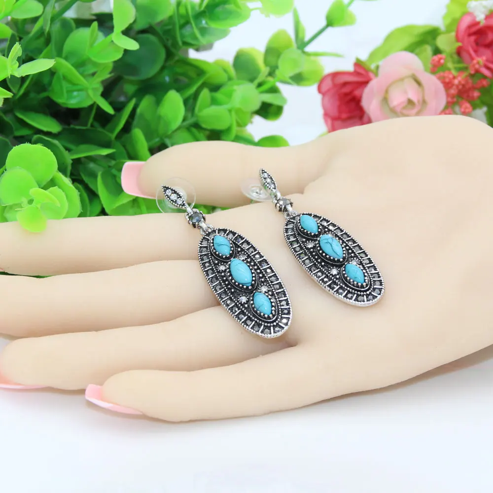 Sunspicems Vintage Turkish Women Drop Earrings Artificial turquoise Bohemia Long Earring Antique Silver Color Nepalese Jewelry