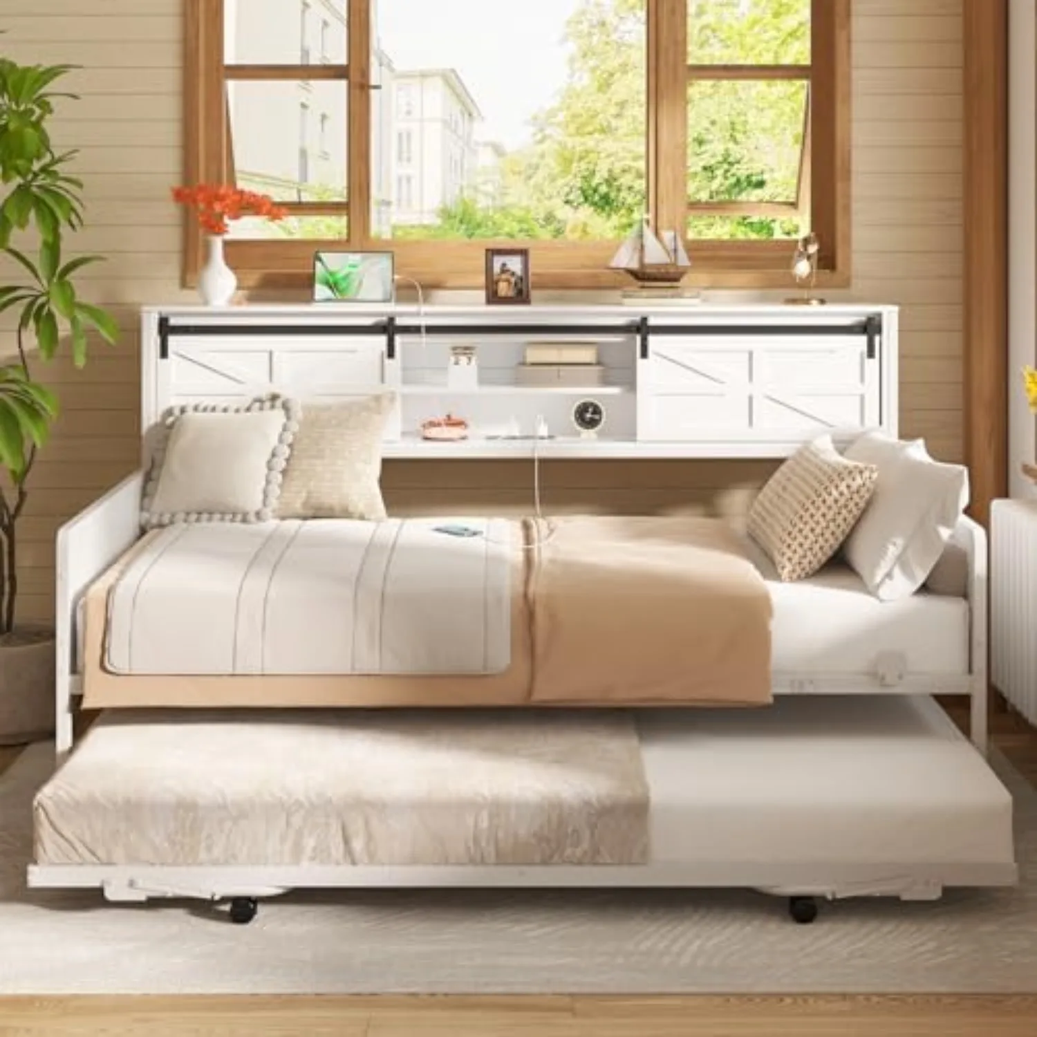 Farmhouse Twin Daybed with Pop-Up Trundle, White | Metal Trundle Bed Frame with Bookcase Headboard, Twin to King