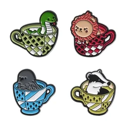 Cartoon Cup Animal Collection Enamel Pins Funny Cute Snake Lion Owl Dog Brooch Shirt Lapel Badges Jewelry Gift for Kids Friends