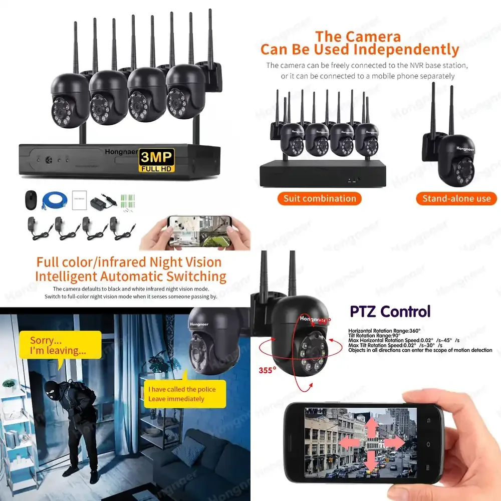 Plug and Play 3MP 4CH CCTV NVR Kit Wireless Home Security IP Camera Video Systems Outdoor WiFi PTZ Camera System
