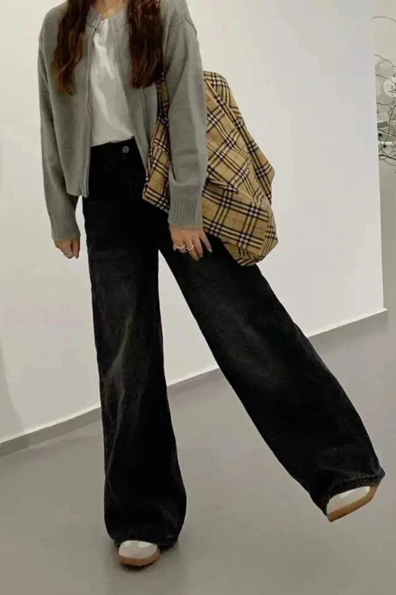 Y2k جينز نسائي جينز أسود مغسول بأرجل واسعة وخصر عالي فضفاض مناسب للشتاء وصل حديثًا بنطلون تنحيف ثنى مستقيم طويل