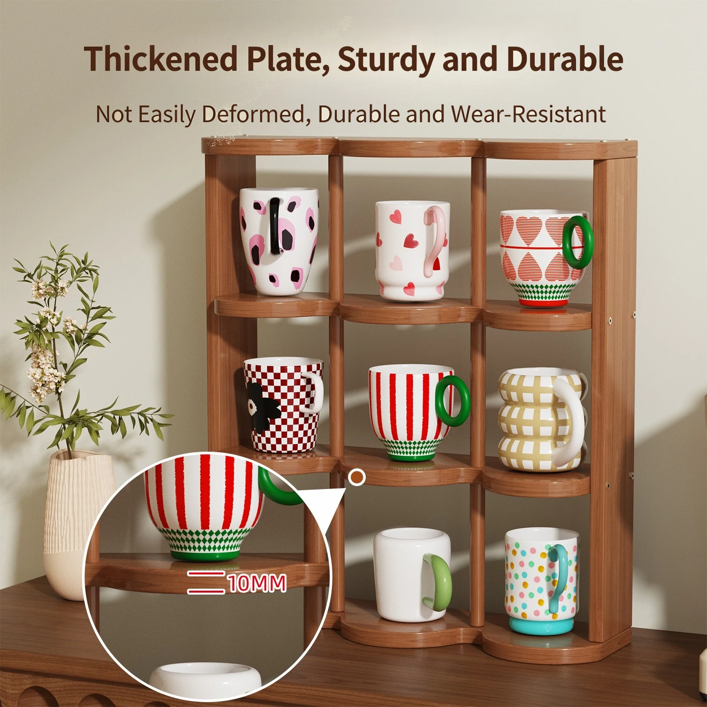 Bamboo 9-Compartment Cup Organizer, Multi-Layer Desktop Storage Shelf, Wood Display Rack for Mugs & Kitchenware Supplies