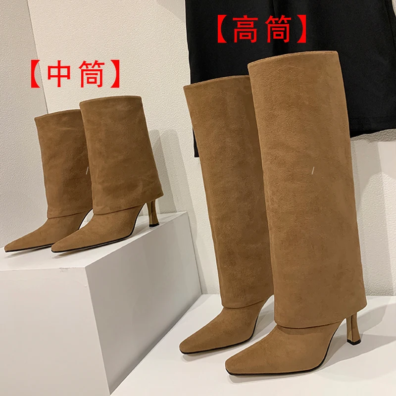 Solid Pointed Toe Long Boots Fall Fine Heel Outdoor Women Shoes Brown Knee High Botas Femininas