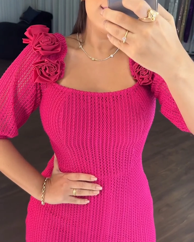 Sukienki damskie Rose Decor Eleganckie sukienki imprezowe Bodycon Fashion Square Neck Puff Sleeve Front Slitl Slim Fit Sukienka do połowy łydki dla kobiet