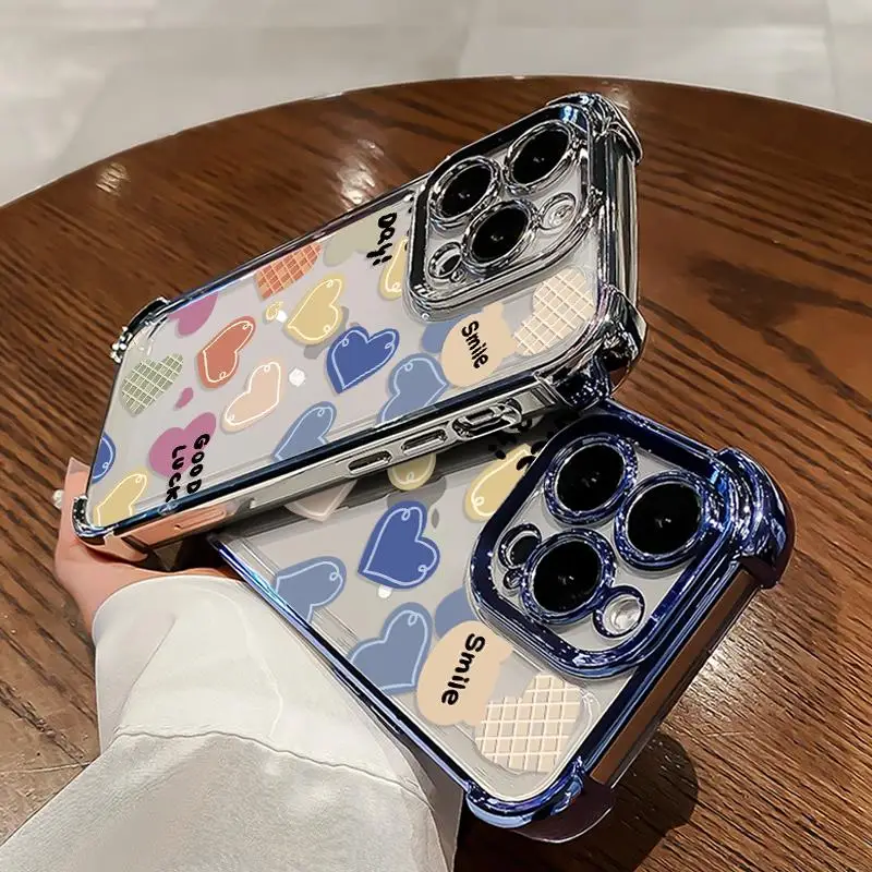 

Chrome Phone Case for iPhone 16 15 14 13 12 11 Pro Max Plus Transparent Bumper 4-Cushions Camera Protection for Male Female Love