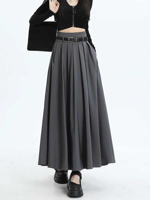 Gray Asymmetric Hem A-Line Midi Skirt Women's Spring Autumn Casual Drapey Suit Style High Waist Knee-Length Polyester Fiber