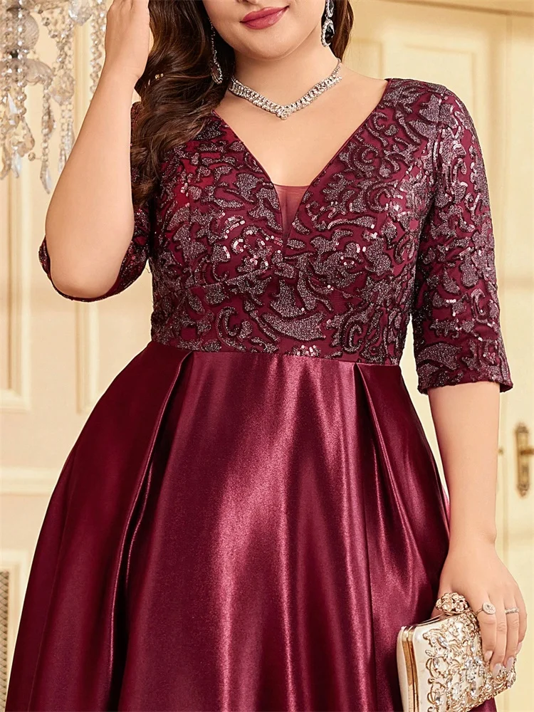 Plus Size Luxe Korte Mouw Rood Satijn V-hals Avondjurk 2025, Vrouwen Pailletten elegante Party Prom Vloerlengte Cocktailjurken