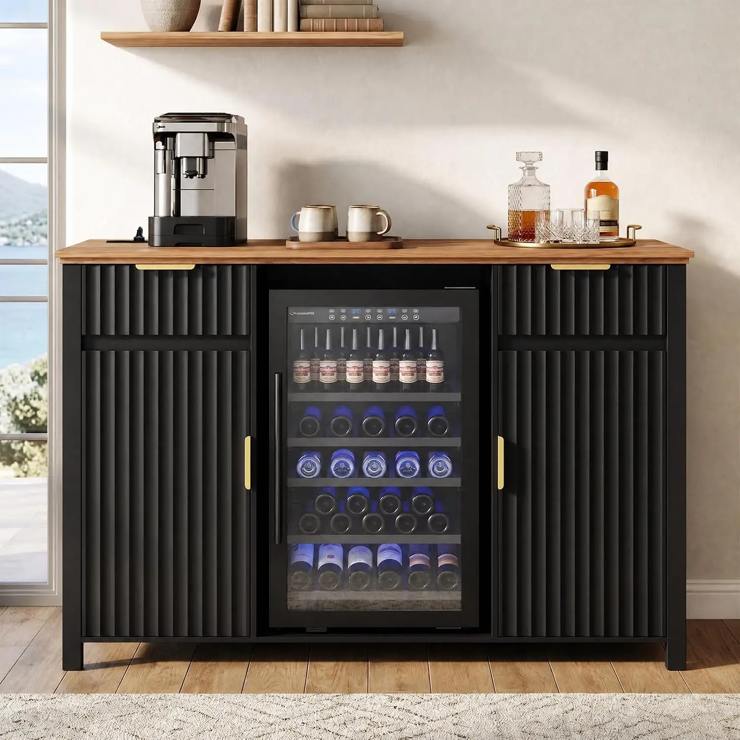 Modern Fluted Bar Cabinet With Mini Fridge Space & Charging Station, Wine Storage For Kitchen Dining Living Room, Customized