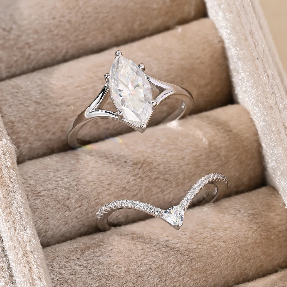 925 Sterling Silver 2CT Marquise Cut Moissanite Ring Set for Women V-Shaped Stackable Engagement Wedding Band Two Piece Rings