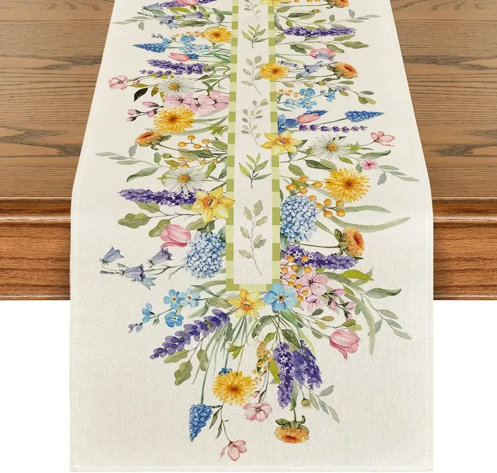 Bloom Flowers Tulip Spring Linen Table Runner Wedding Decoration Easter Table Runner for Holiday Party Kitchen Home Decortive