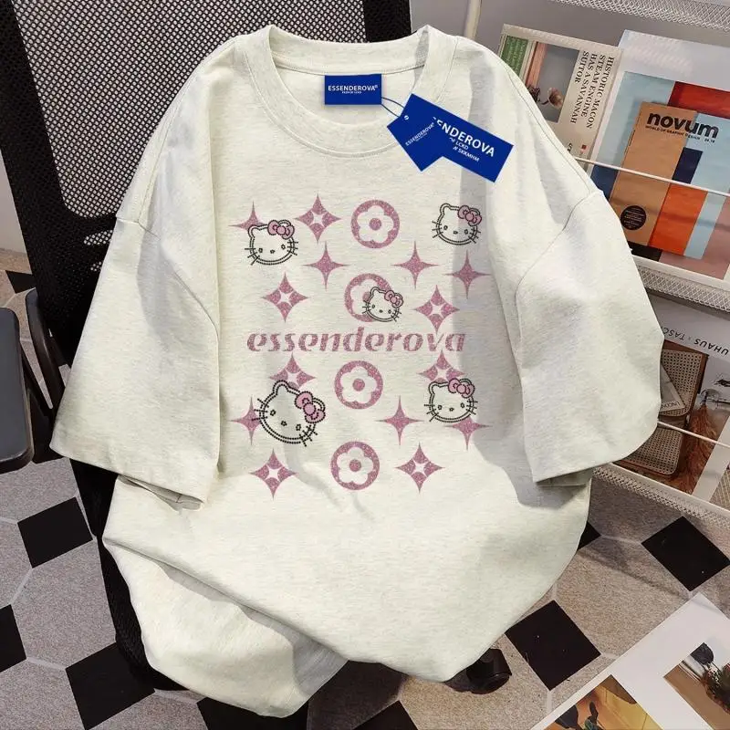 Hot Summer Cartoon Hello Kitty Trend Women Tshirt Cute Japanese Letter Printing Breathable Personality Round Neck Top T Shirt