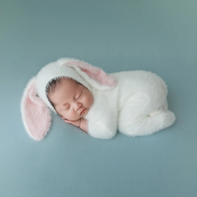 Rabbit Theme Baby Photography Clothing Soft Rabbit Jumpsuit + Hat 2pcs/Set Handmade Animal Doll Baby Photo Shooting Accessories