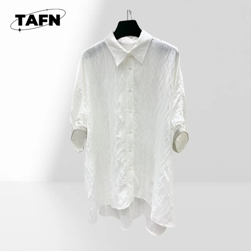 قميص نسائي من الساتان بأكمام طويلة وياقة مقلوبة بلوزة للسيدات قميص أبيض كلاسيكي بأزرار للأسفل بلوزة رسمية OfficeAH0145