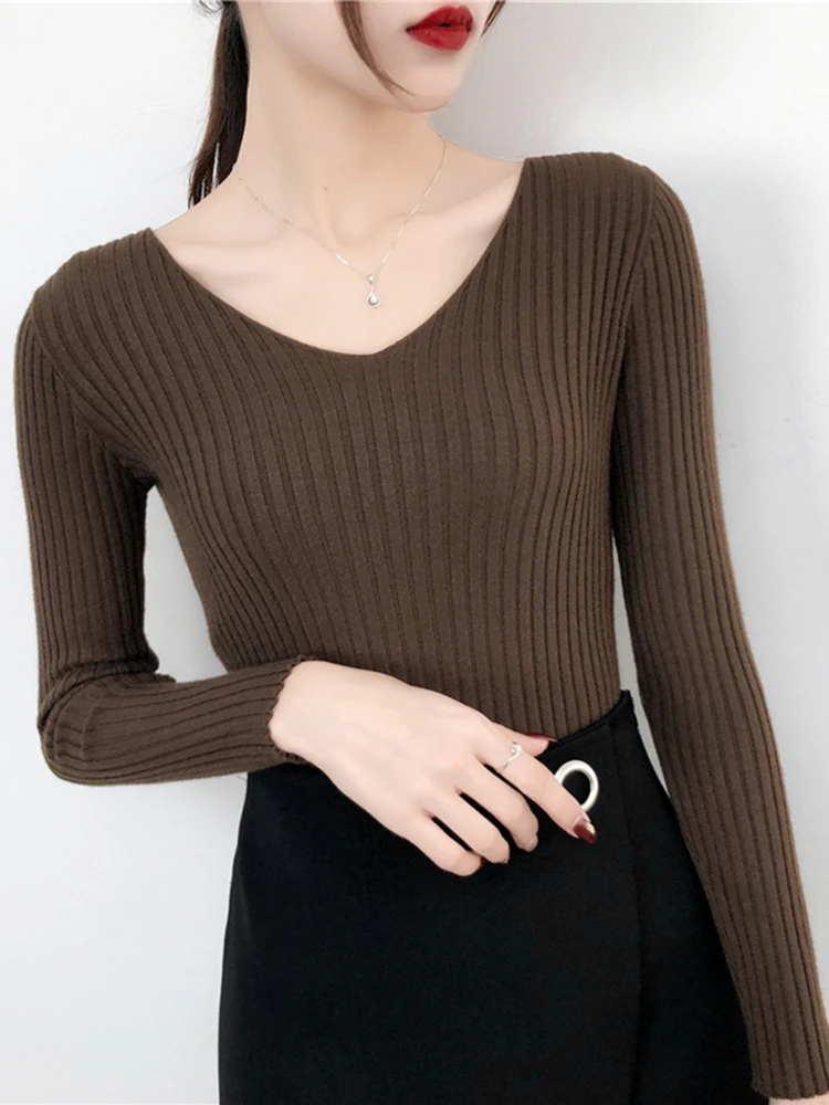 2024 V Neck Women Autumn Winter Sweaters Slim Knitted Pullovers Soft Warm Solid Jumper Female Sweater Casual Knitwear Jersey Top
