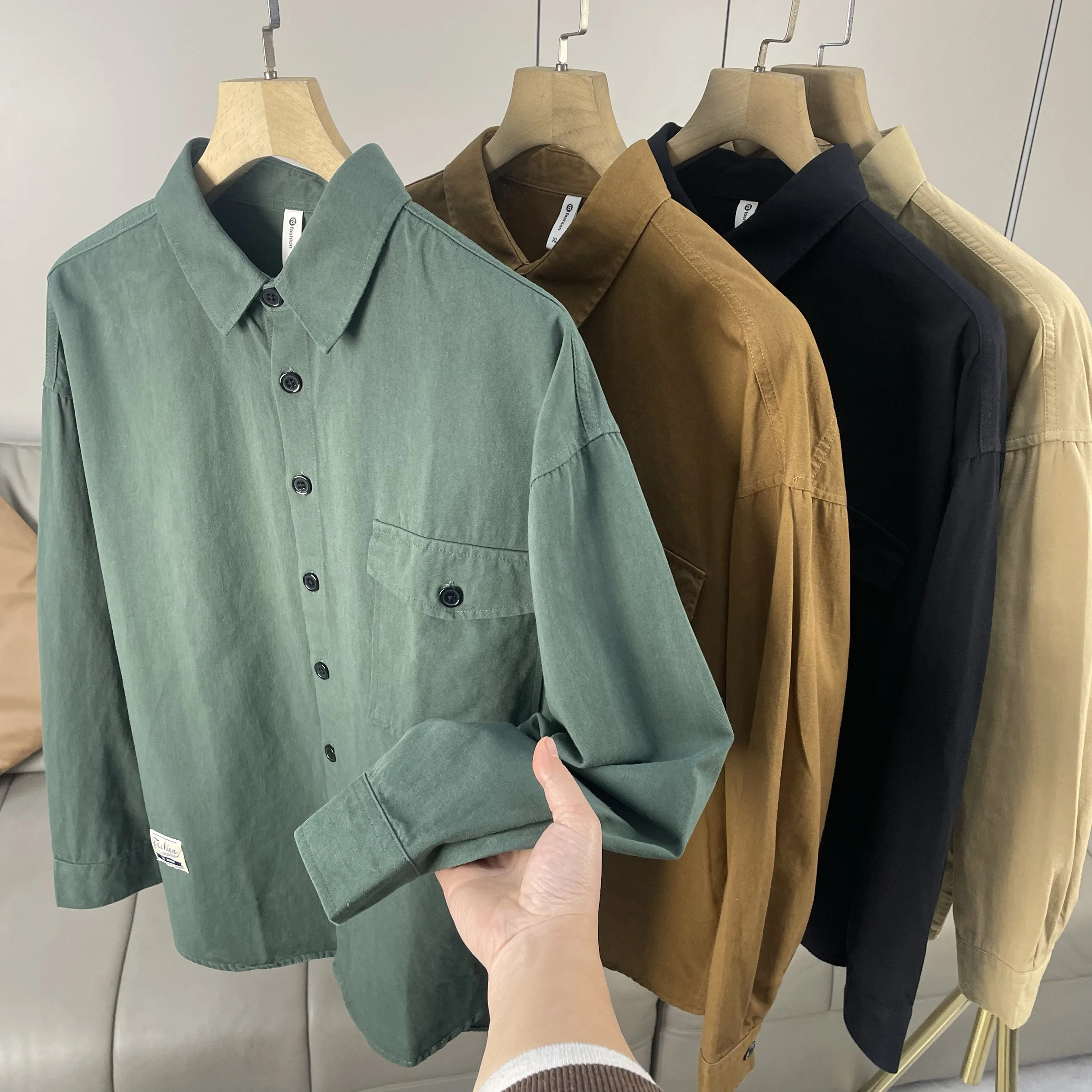 

American Sle Hard Man Spring Men's Pure Cotton Versatile Workwear Single ket Casual Long Sve irt Jaet Trendy