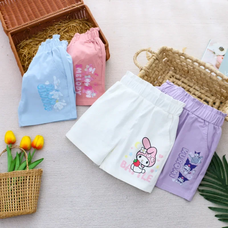 

Sanrio My Melody Girls Shorts Summer Kawaii Anime Kuromi Cinnamoroll Cropped Pants 2024 Sweet Cute Cartoon Print Pants Kid Gift