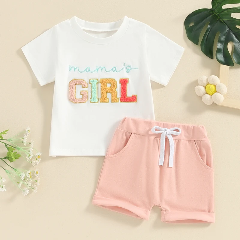 Summer Toddler Kids Clothes Baby Girls Letter Embroidery Short Sleeve Round Neck T-Shirt with Solid Color Shorts Sets Outfits