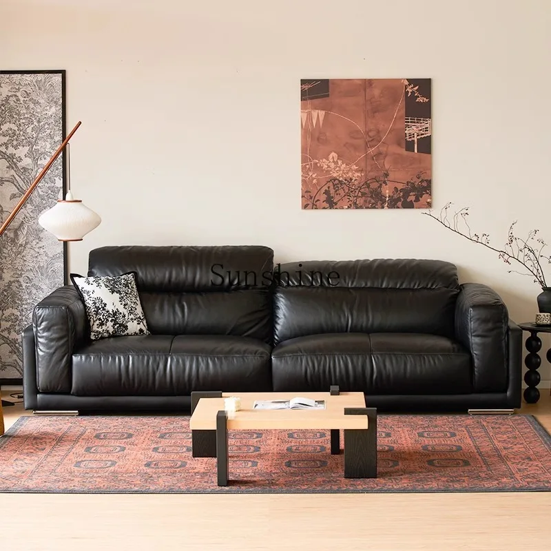 French medieval black retro, oil wax first layer cowhide straight row sofa