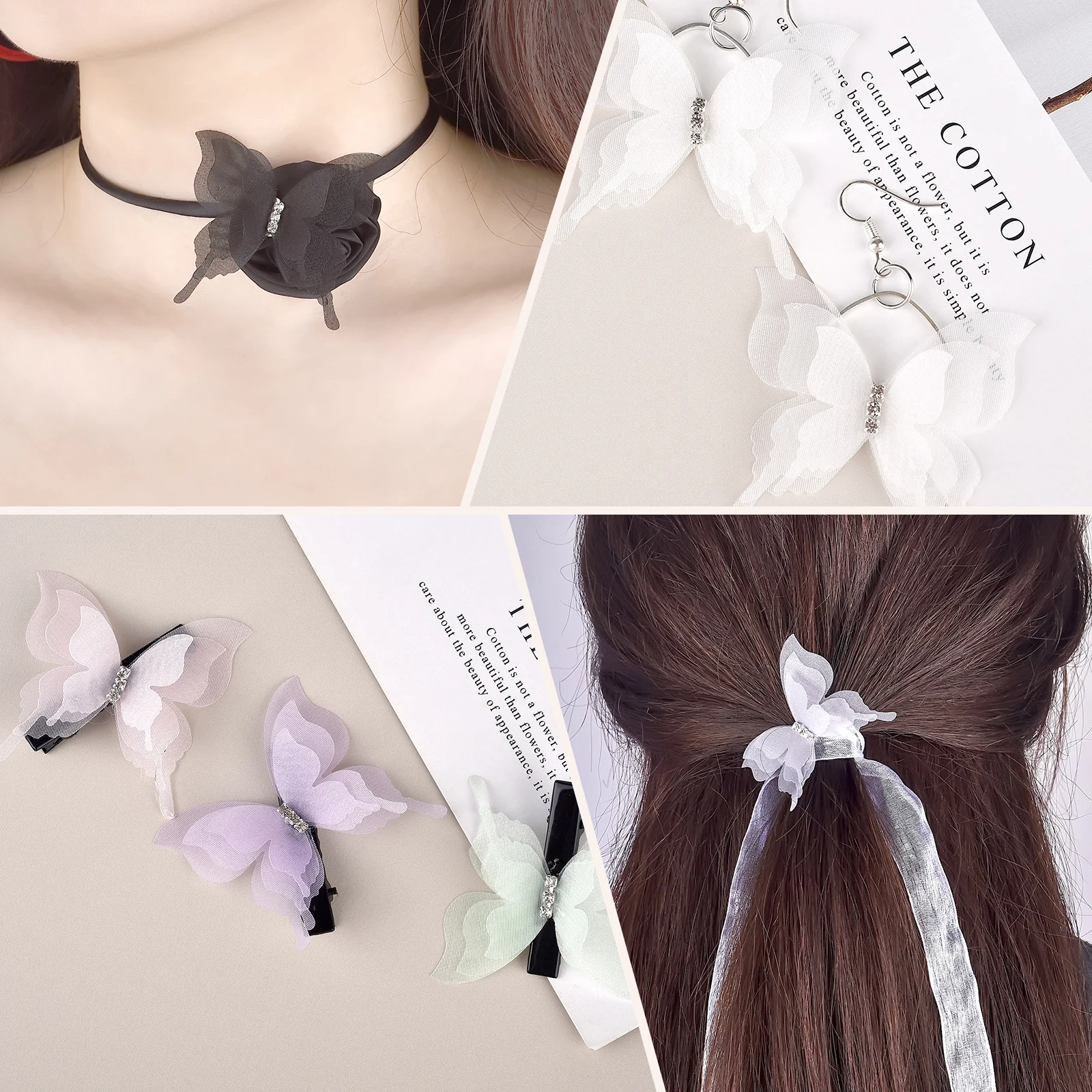 10/20PCS 3D Triple Layer Lace Butterfly Gauze With Diamond DIY Bride Hair Accessories Material Jewelry Earring Dress Accessories