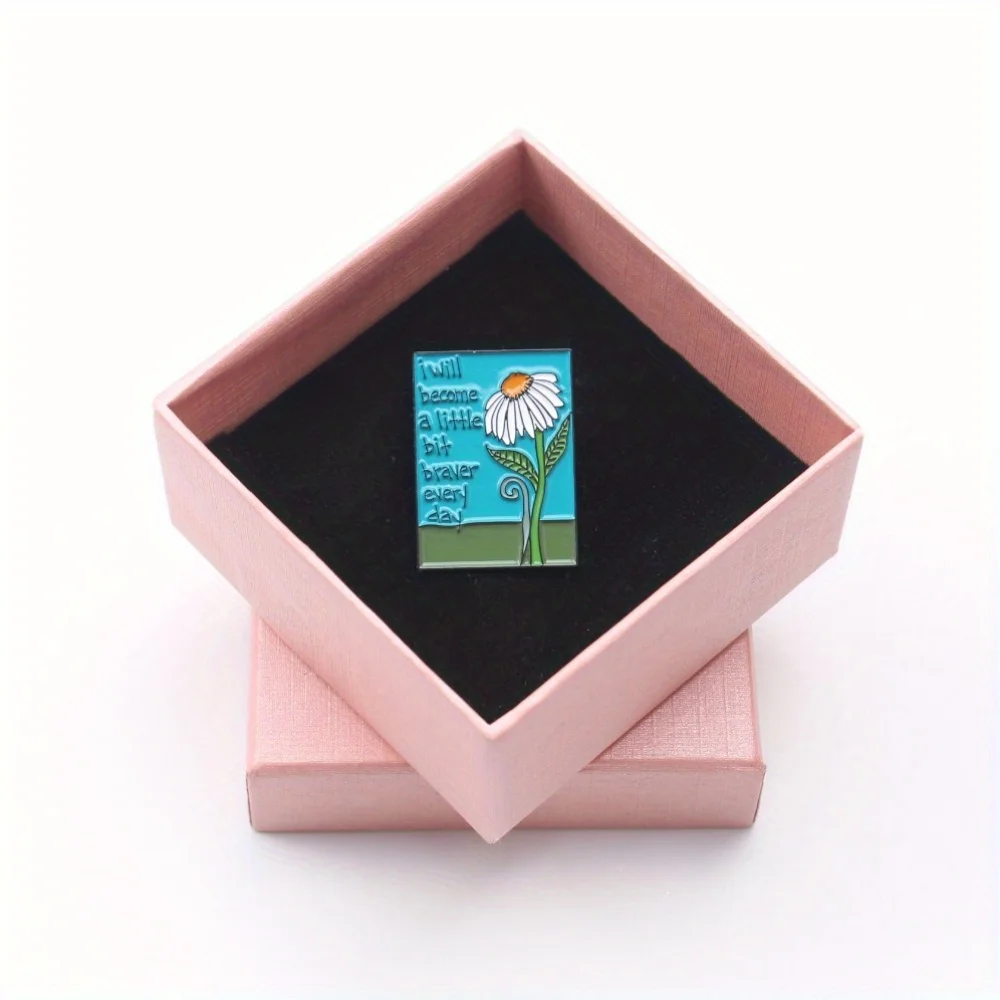 Elegant Enamel Daisy Badge with Inspiring Quote, Cute Square Lapel Pin for Apparel Accessory