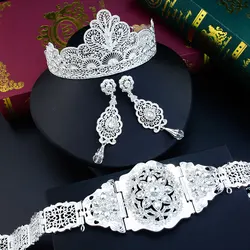 Sunspicems Chic Silver Color Algeria Bride Belt Crown Earring Jewelry Sets Arabic Ethnic Wedding Jewelry Kaftan Belt Metal Crown